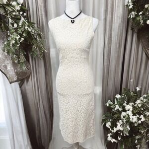 Vintage Floral Lace Ivory Midi Dress Sleeveless Graduation Bridal Fairy Romantic